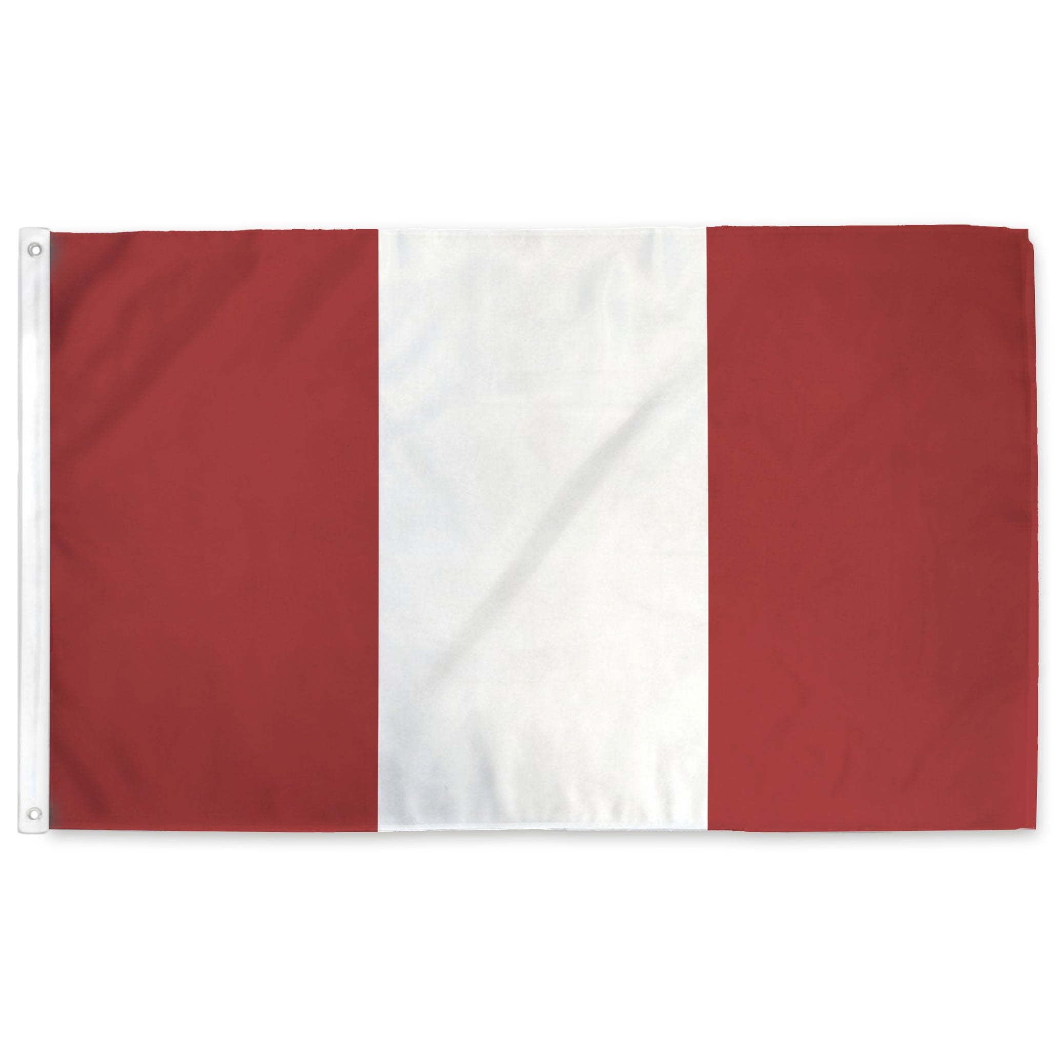 Peruvian flag with red, white, red vertical stripes.