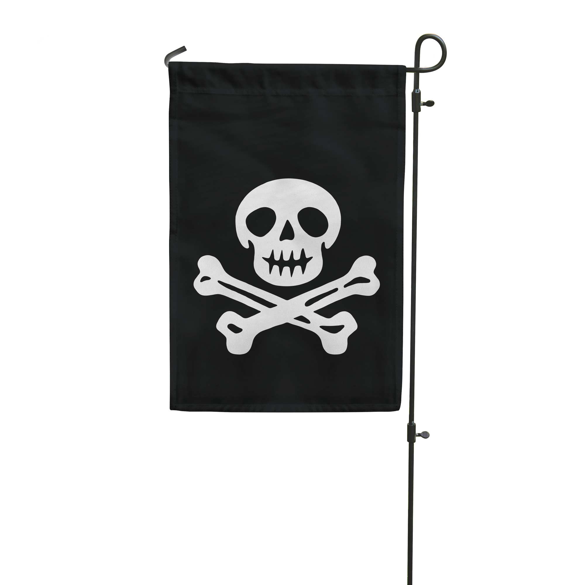 Black vertical garden flag with a white skull and crossbones design on a white background