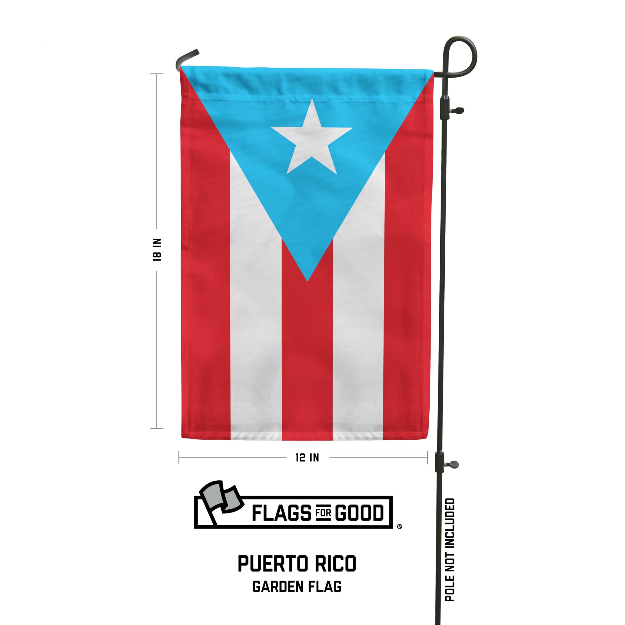Flag with light blue triangle and white star on a red and white background, vertically attached to a flagpole. features dimensions 18 inches by 12 inches 
