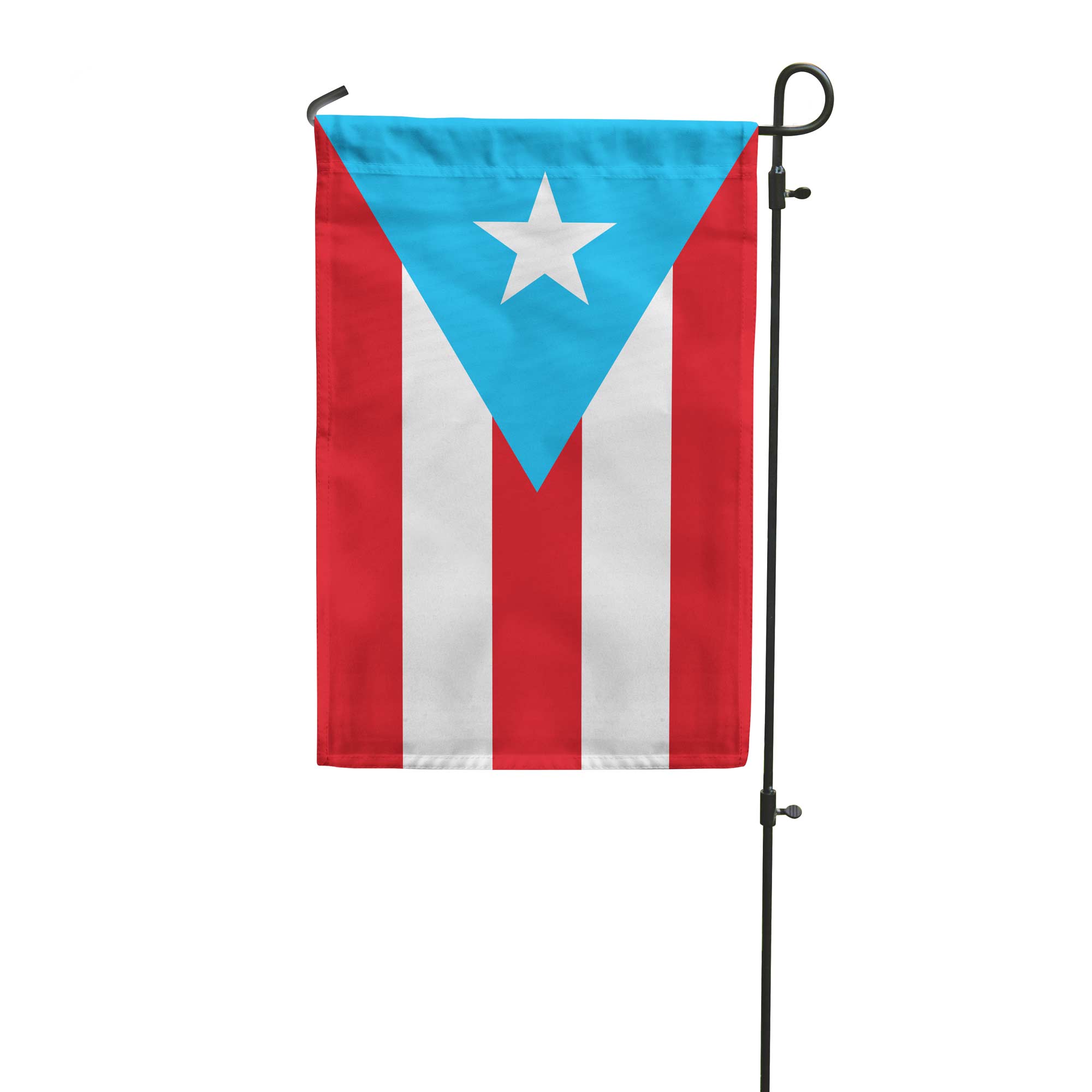 Flag with light blue triangle and white star on a red and white background, attached to a flagpole.