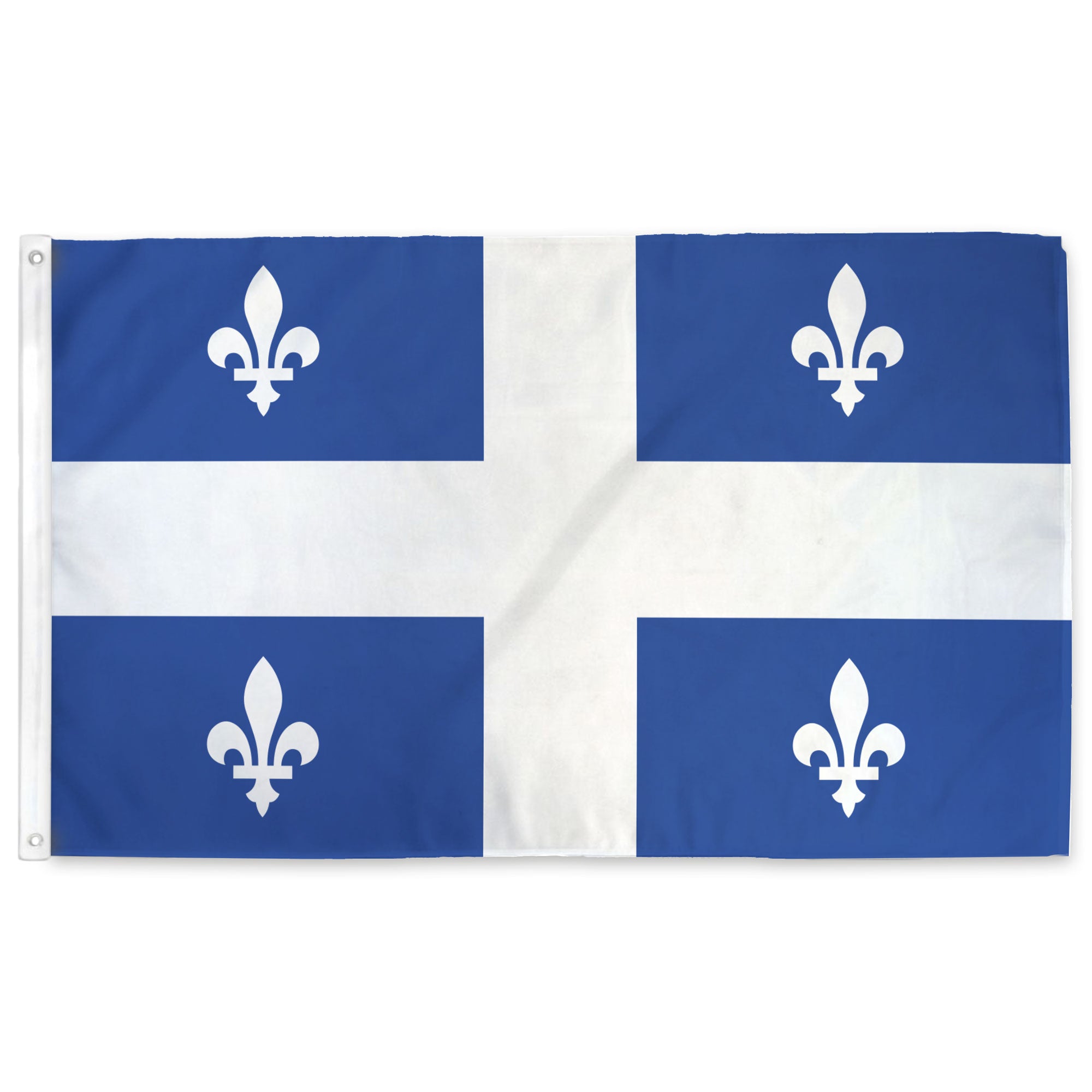 Quebec Flag with blue and white cross design featuring four fleur-de-lis on a white background