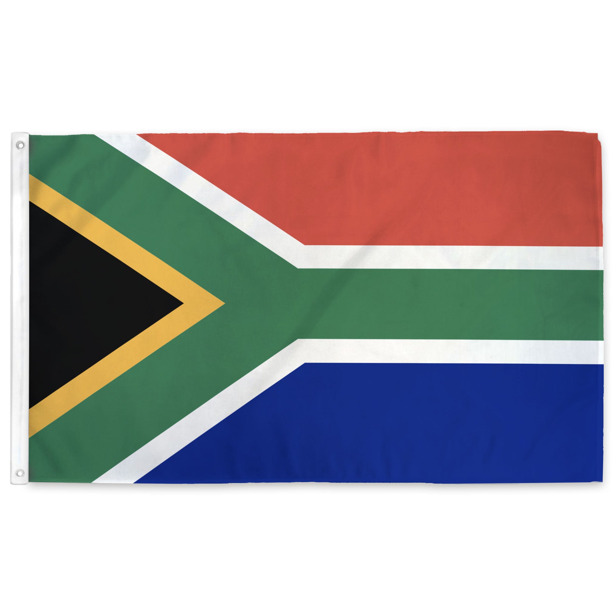 Flag of South Africa with green, red, black, and blue colors on a white background