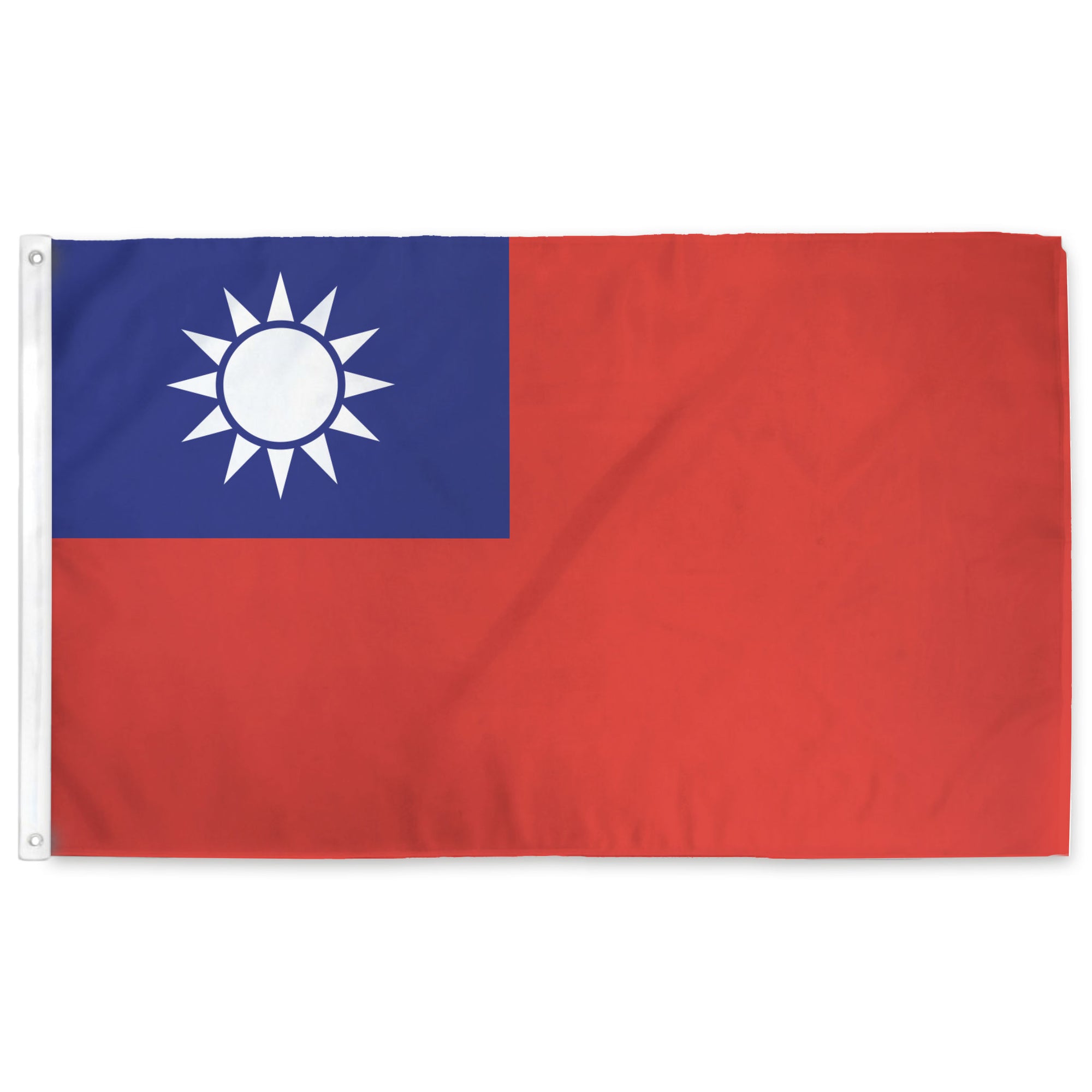 Taiwan Flag with a blue canton featuring a white sun and red field on a white background