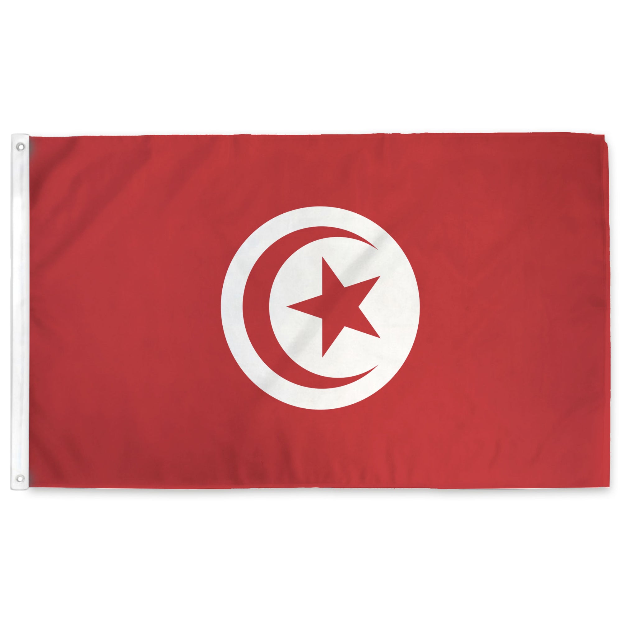 Tunisian flag with a red field and white central circle featuring a star and crescent moon.