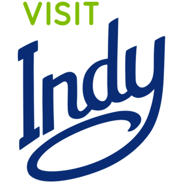 Text 'Visit Indy' with 'Indy' in blue and 'Visit' in green on a black background