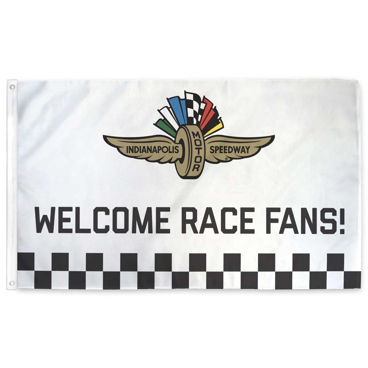 Flag with Indianapolis Motor Speedway logo and 'Welcome Race Fans!' text on a white background with checkerboard along the bottom.