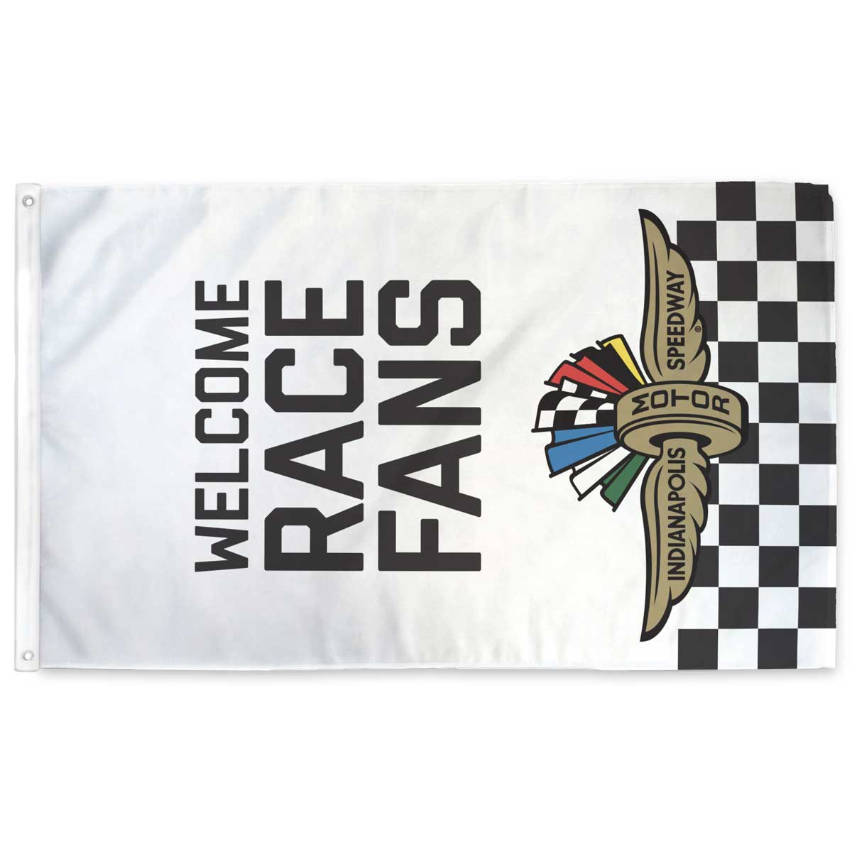 Vertical flag with Indianapolis Motor Speedway logo and 'Welcome Race Fans!' text on a white background with checkerboard along the bottom.